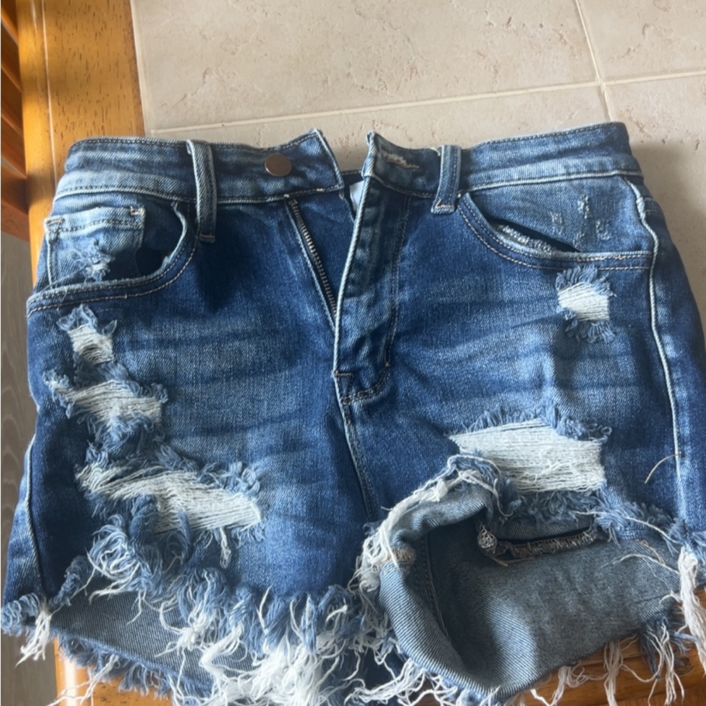 Pink Lily High Waist Distressed Denim Shorts - Blue